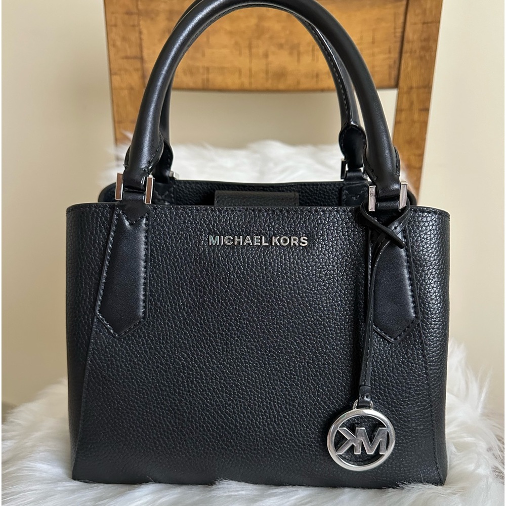 Michael Kors Black Pebbled Leather Satchel with Silver Logo Charm